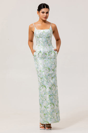 Blue White Floral Spaghetti Straps Printed Sheath Bridesmaid Dress